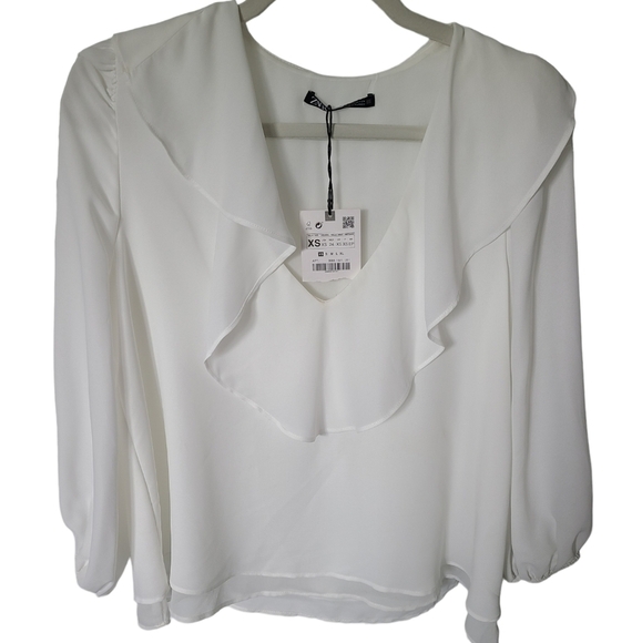 ZARA White Ruffled Collar 3/4 Sleeve Sheer Blouse Size XS NWT - Picture 1 of 10
